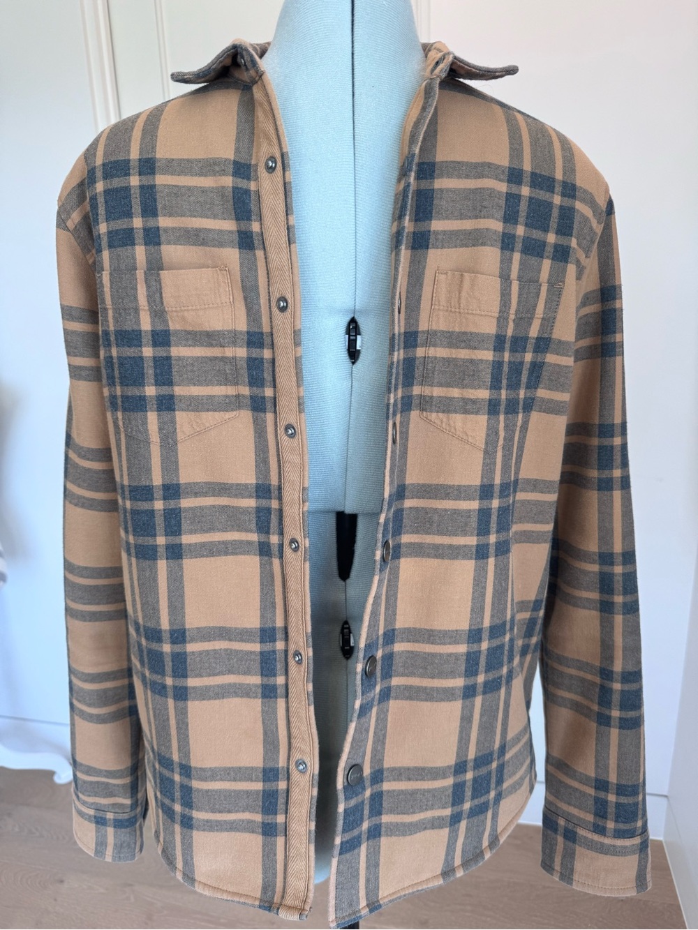 Vuori Tan and Gray Plaid Casual Button Down Shirt